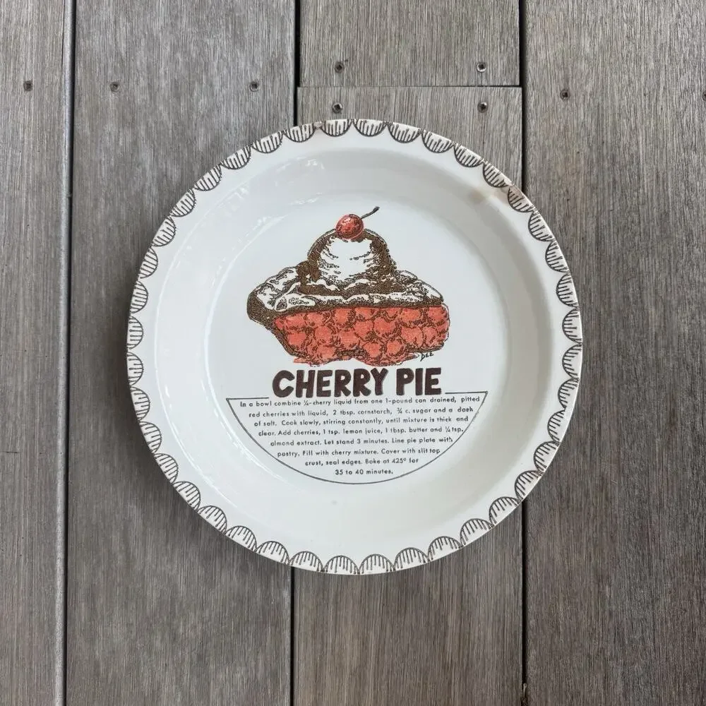 Vintage Cherry Pie Recipe Plate Ceramic Baking Dish Kitchen Decor Granny Cottage
